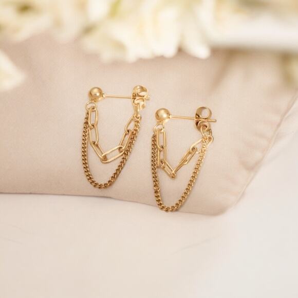 NEW 18K yellow gold plated double chain dangle drop earrings jewelry B25A - Picture 8 of 10